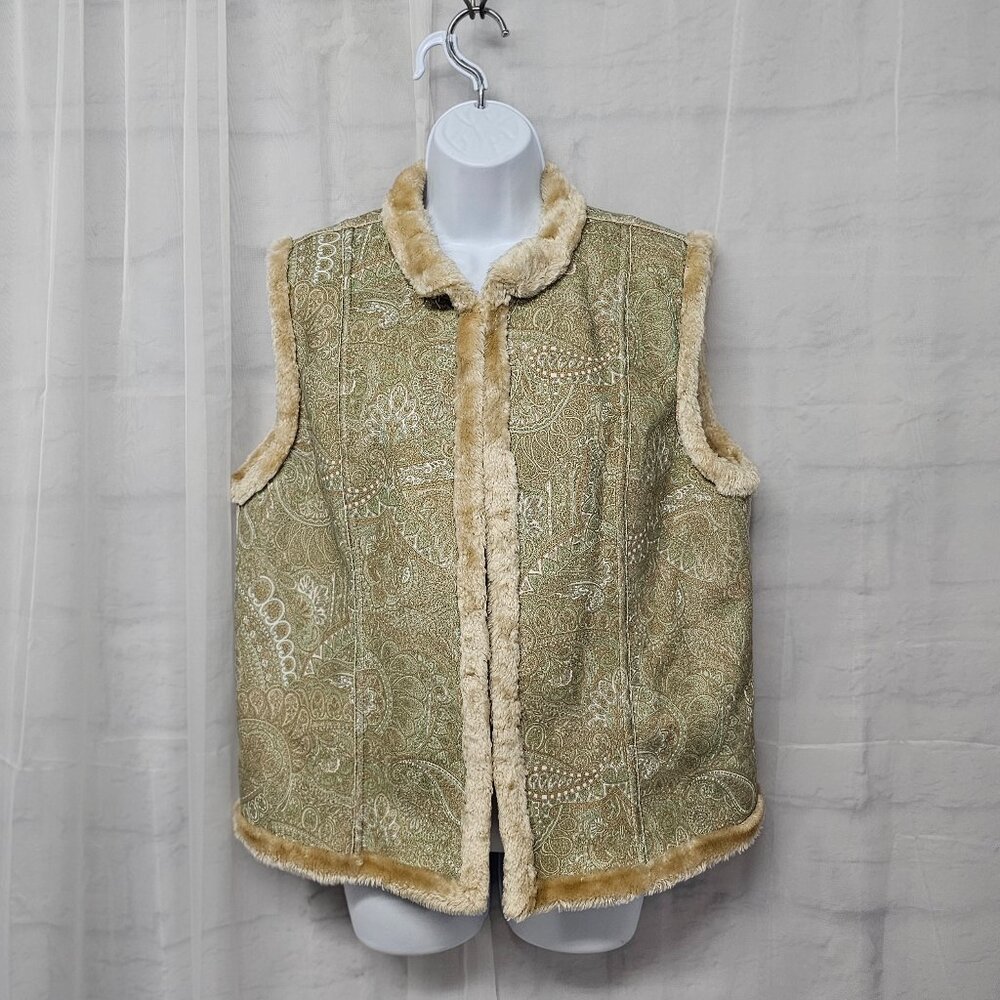 Kate Hill Vest Green Paisley Sueded Faux Fur Boho Retro Outdoors L